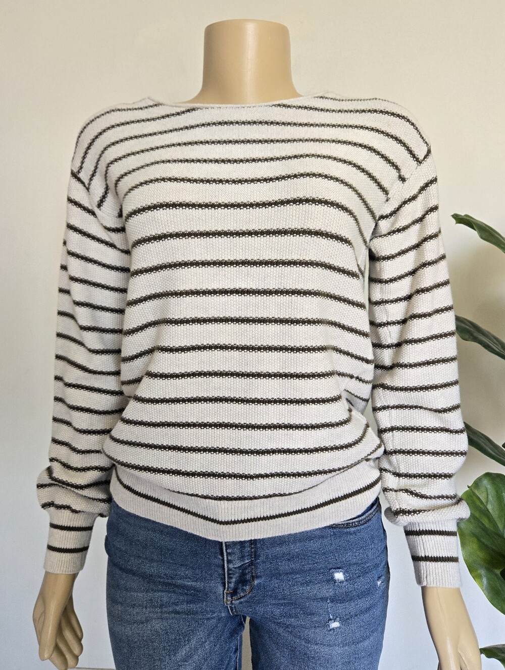 C.T. Plage Striped Wool Cotton Knit Pullover Sweater Size M Women's Green Olive